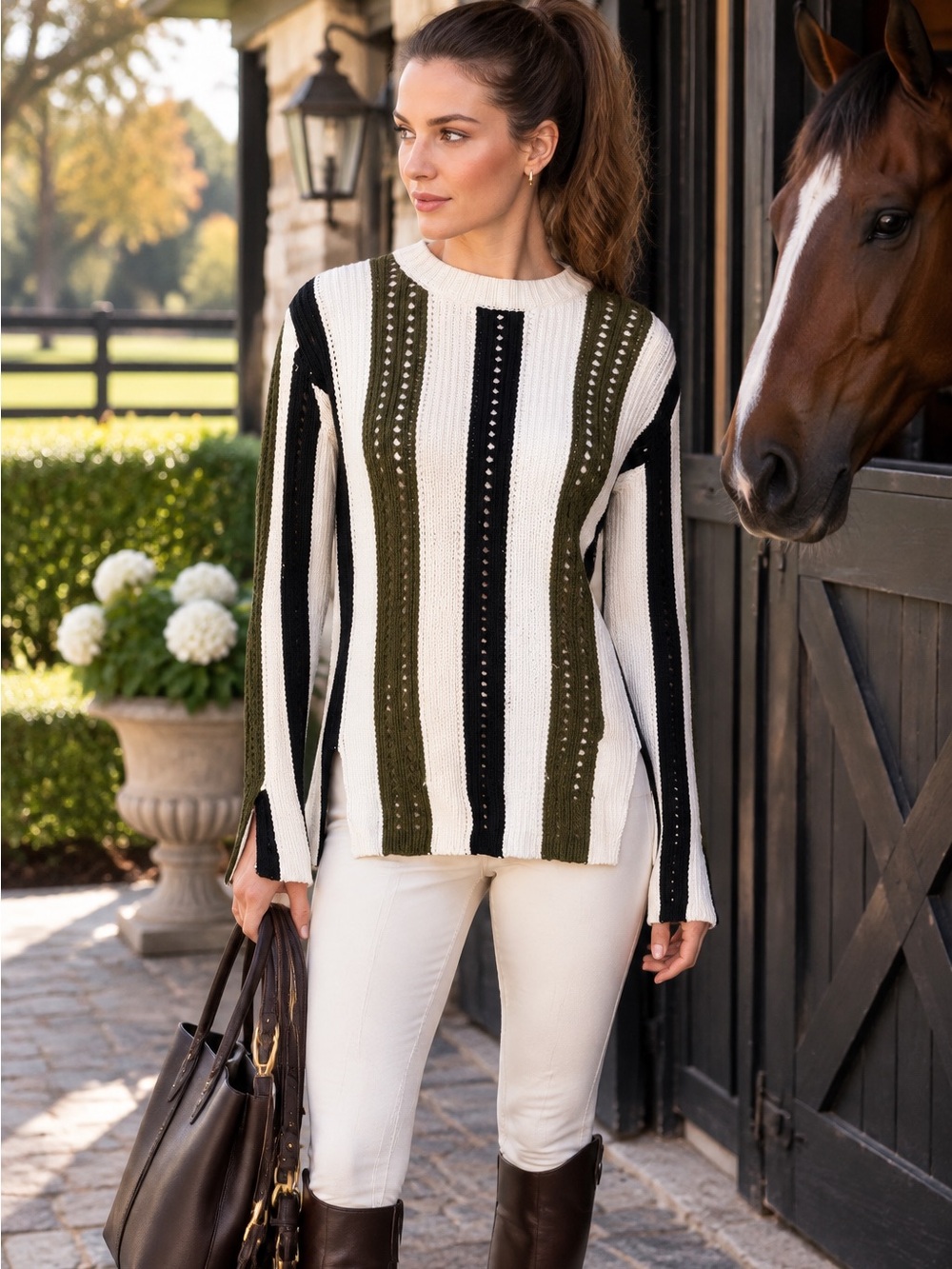 DEREK LAM 10 CROSBY Cotton Striped Pointelle Notched Casual Sweater, S